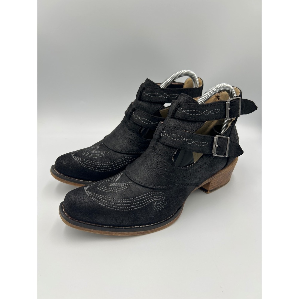 Roper Riley Black Faux Suede Cutout Western Ankle Boots Double Buckle Size 7